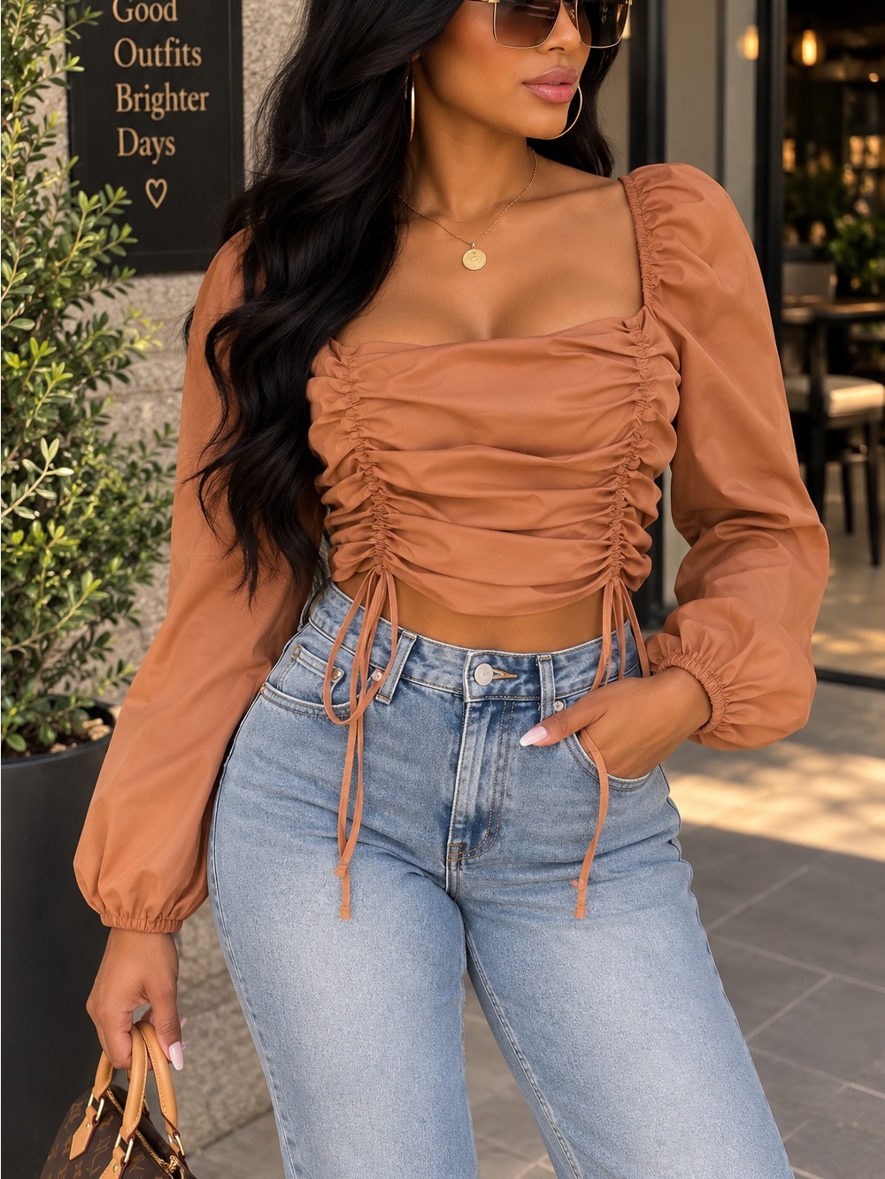 Ruched Square-Neck Crop Top in Tan